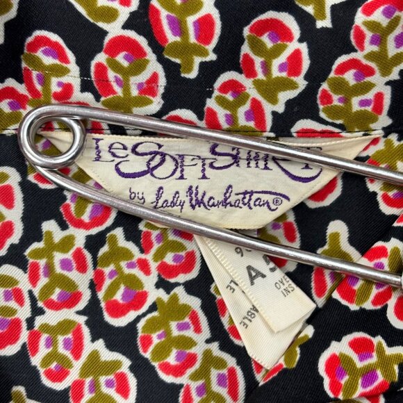 Vintage 70s Printed Blouse Women's Medium Pink Black Border Print Top - Picture 5 of 10